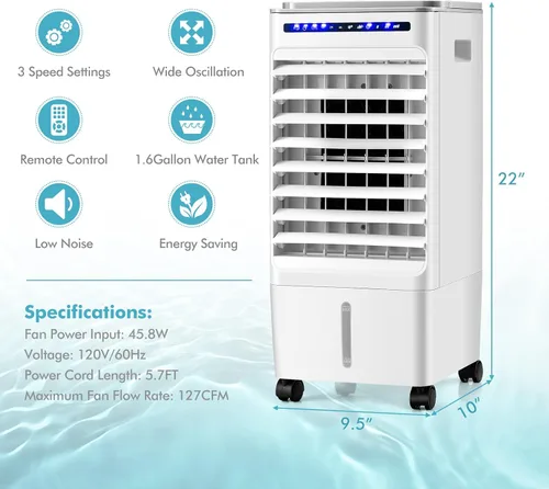 Vista 8 de COSTWAY Enfriador de aire evaporativo portátil, enfriador de pantano 3 en 1 con control remoto, temporizador de 7 horas, 3 velocidades de viento, 3