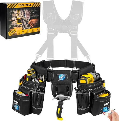Vista 11 de Cinturón de herramientas, bolsa magnética para herramientas, cinturón de herramientas de 13 bolsillos para hombres, cinturón de herramientas