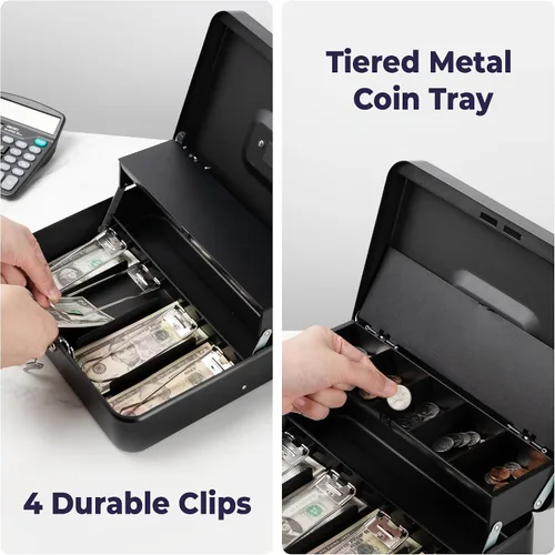 Vista 4 de Volcora Caja Grande de Dinero con Cerradura de Llave, Caja de Dinero de Metal para Efectivo, Caja de Seguridad con Cerradura Portátil y Bandeja
