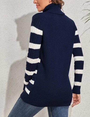 Vista 3 de PrettyGuide - Suéter largo de cuello alto de punto trenzado para mujer