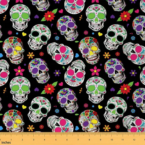 Vista 10 de The Yard - Tela de esqueleto de flores en acuarela para sillas, exótica, tribal, floral, estampado de calavera, tela de tapicería para artes, plumas