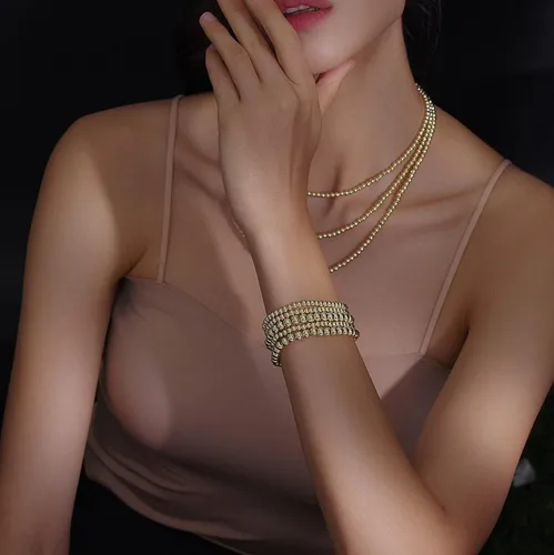 Vista 5 de Pulsera para mujer con cuentas chapadas en oro de 14 quilates, pulsera elástica de cuentas redondas