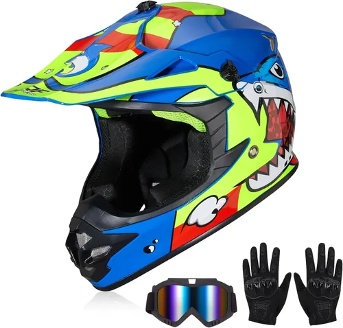 Vista 7 de cascos para niños y jóvenes de bicicleta todoterreno, motocross, ATV, BMX, MX, bicicleta todoterreno, casco de motocicleta J-01 con gafas y guantes
