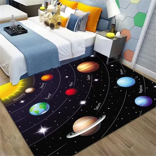 Vista 27 de Alfombra de espacio exterior para habitación de niños, 3 x 5 pies, alfombra Galaxy para dormitorio de niños, suave, antideslizante, sistema solar