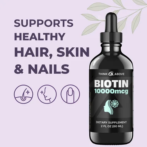 Vista 3 de Think Above Biotina líquida de 10,000 mcg con vitamina C - Soporte para cabello, piel y uñas de alta potencia - Gotas de biotina de absorción rápida