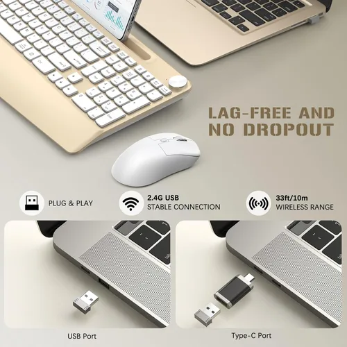 Vista 5 de GAMCATZ Teclado y mouse inalámbricos ergonómicos con reposa muñecas, soporte para teléfono - 2.4GHz, teclado y mouse inalámbricos de perfil bajo