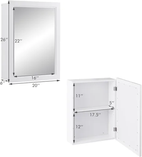 Vista 3 de GOFLAME Botiquín de baño, armario de almacenamiento con espejo de montaje en pared con una sola puerta y estante ajustable, organizador de madera