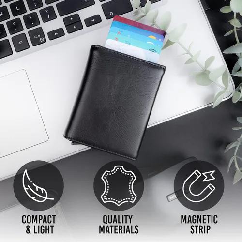 Vista 2 de Cartera para tarjetas de crédito, bolsillo frontal con bloqueo RFID, tarjetero con ranura para tarjetas emergentes, ventana de identificación