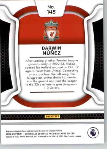Vista 2 de Panini Chronicles 2022-23 - Tarjeta de intercambio oficial de fútbol de Darwin Núñez del Liverpool FC con certificación Premier League #145