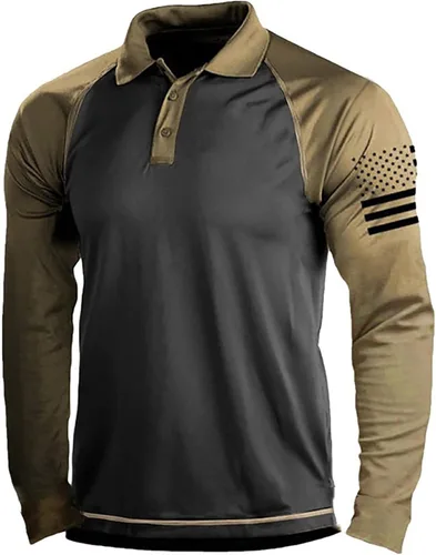 Vista 13 de Camisa polo de manga larga con bandera estadounidense para hombre, cuello gráfico patriótico, camiseta de golf, moderna, casual, cuello en V, tops