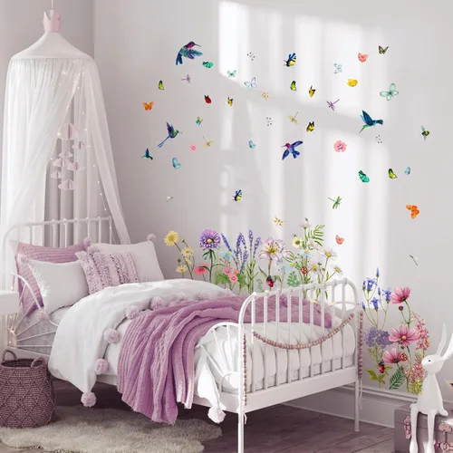 Vista 6 de Supzone Calcomanías de pared de flores, mariposas, crisantemos, libélulas, calcomanías de pared para despegar y pegar, calcomanías de flores