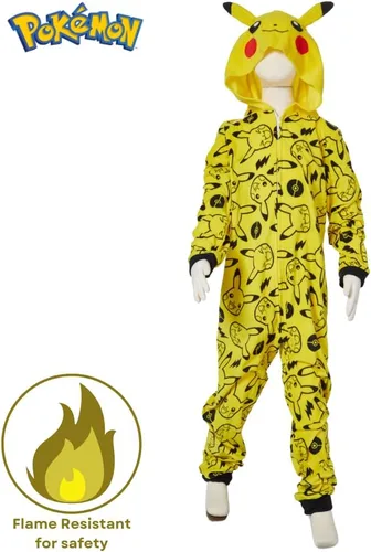 Vista 2 de Pokemon Pijama de una pieza para niños, disfraz de Pikachu con capucha o para dormir con cremallera frontal, tallas 4-10, Multi