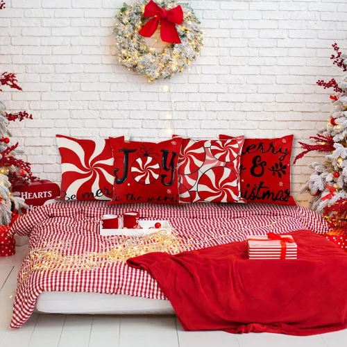Vista 5 de Vellibring - Juego de 4 fundas de almohada de Navidad con diseño de caramelos, 45 x 45 cm, rojo y blanco, fundas de almohada para sofá, decoración