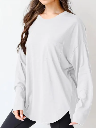Vista 3 de Wihion Camisetas de Manga Larga Holgadas para Mujer de Algodón Casual Cuello Redondo Color Sólido Túnica con Bolsillo