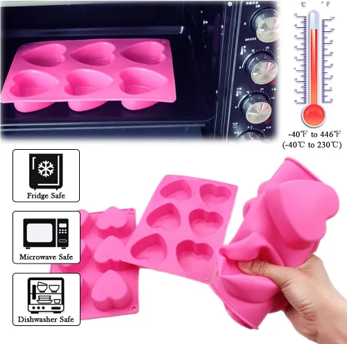 Vista 7 de BAKER DEPOT Molde de silicona en forma de corazón de 6 agujeros para pastel de chocolate, jalea pudín hecho a mano, molde de jabón para hacer