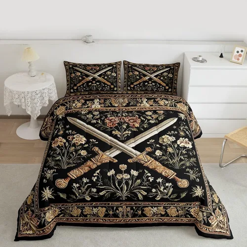 Vista 29 de Manfei Juego de edredón de calavera de azúcar para niños, juego de ropa de cama con temática de calaveras de Halloween, ropa de cama de estilo Azul