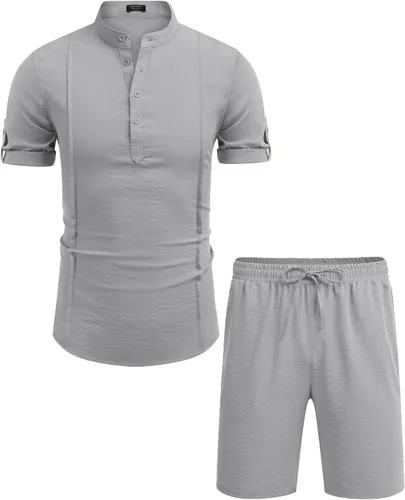 Vista 5 de COOFANDY Conjunto de lino de 2 piezas para hombre, camisa Henley, manga corta y pantalones cortos, trajes a juego para yoga y playa