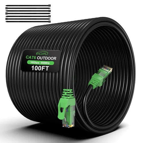 Vista 7 de Cable Ethernet Cat6 para exteriores de 20 pies, enterrado, entierro directo resistente, cable de conexión CCA de 24 AWG para laptops, PC, routers