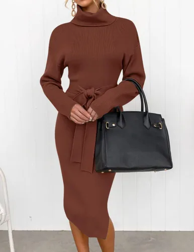 Vista 83 de ZESICA - Vestido por debajo de la rodilla de suéter, de cuello alto, para mujer, de manga larga, de punto acanalado, con abertura y cinturón