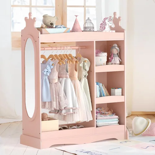 Vista 9 de Curipeer Almacenamiento de disfraces para niños con espejo, armario para niños con almacenamiento y 3 ganchos, armario para niños y niñas