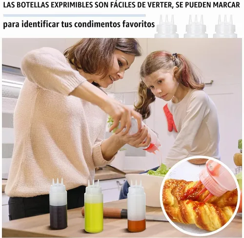 Vista 5 de Dingion 8 botellas exprimibles de 3 agujeros de 16 onzas, botellas de plástico para condimentos, recipientes para aderezo de ensalada para salsa