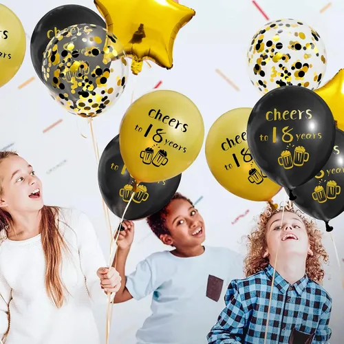 Vista 2 de SHUNTAI Globos de felicitación a los 18 años, decoraciones de cumpleaños negros y dorados, globos de látex de confeti dorado para niños y niñas