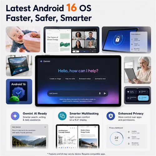 Vista 2 de 15.6 Inch Tablet, Android 16, Widevine L1, FHD IPS Display for Sheet Music 16GB Memory 256GB Storage, Helio G99 Octa-Core, 30W Fast Charging