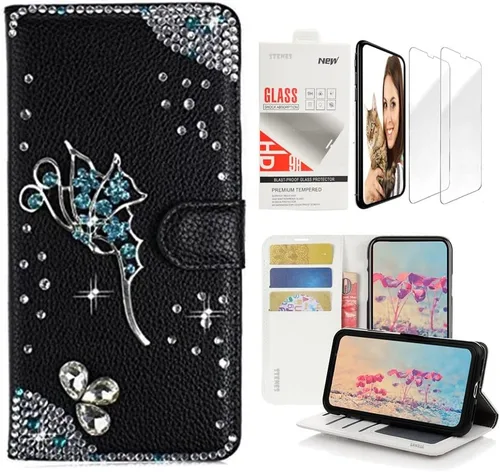 Vista 6 de Bling Wallet - Funda de cuero compatible con Samsung Galaxy A32 5G, elegante, diseño de corazón y corona hecha a mano en 3D con protector