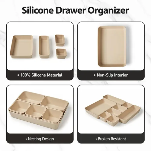 Vista 8 de ISSEVE 8 bandejas organizadoras de cajones de silicona anidables, 4 tamaños versátiles para tocador de baño y escritorio, juego de contenedores