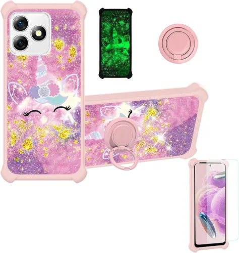 Vista 21 de jioeuinly Funda compatible con Oukitel P1 Pro con protector de pantalla de vidrio templado, policarbonato duro + silicona suave, soporte de anillo