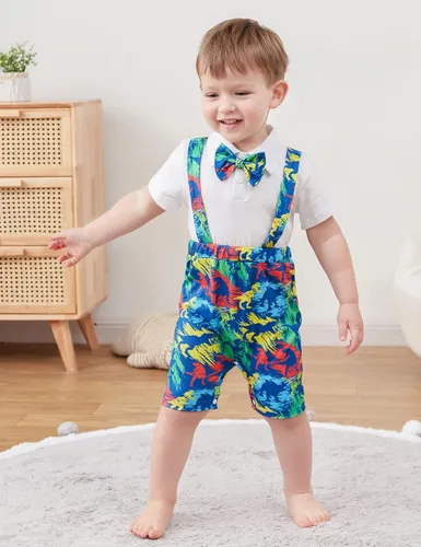 Vista 2 de BFUSTYLE Mameluco para bebé niño 2 en 1, traje de manga corta con pajarita 0-24 meses