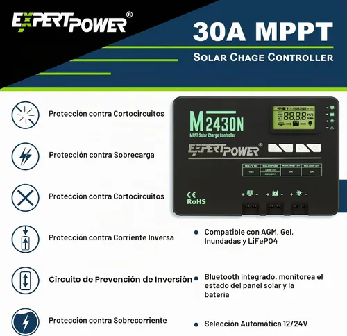 Vista 4 de ExpertPower Kit de energía solar de 2.5KWH 12V LiFePO4 12V 100Ah, paneles solares mono de 400 W, controlador de carga solar MPPT de 30 A, cargador