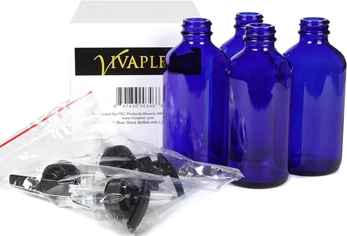 Vista 3 de Vivaplex Botellas grandes de vidrio azul cobalto de 8 onzas con bombas de loción negra, paquete de 4