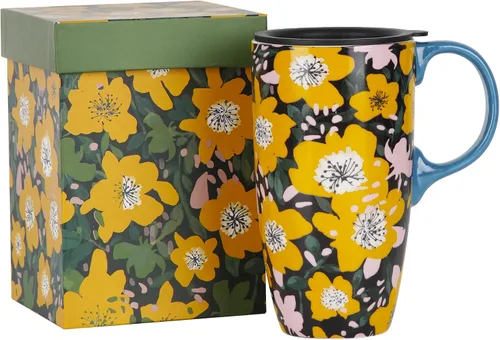 Vista 10 de Topadorn Taza de viaje de cerámica de 17 onzas con tapa y asa, taza de café floral bohemio, taza de porcelana apta para microondas y lavavajillas