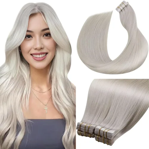 Vista 48 de LaaVoo Extensiones adhesivas de cabello humano real, color negro azabache, extensiones de cabello humano liso y sedoso, 10 pulgadas, 20