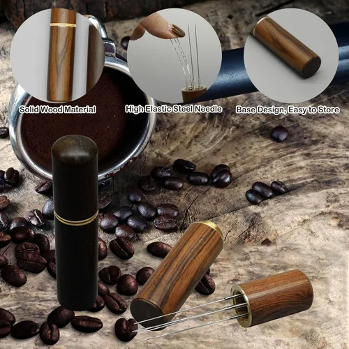 Vista 3 de 2 herramientas de distribución de espresso, herramienta agitadora de espresso con mango de madera natural y base, agitadores de café expreso de 5