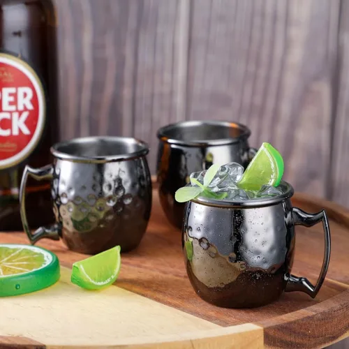 Vista 6 de 4 tazas pequeñas de Moscú de 2 onzas, vasos de cobre para el hogar, cocina, bar (negro)