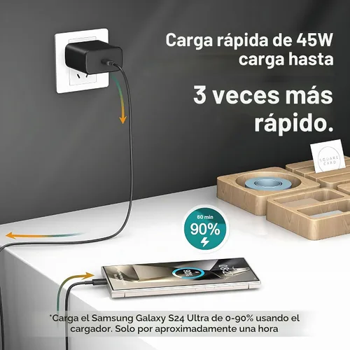 Vista 4 de Samsung - Cargador de teléfono súper rápido compatible con cargador rápido USB C de 45 W, cable de carga rápida de 10 pies tipo C para Samsung negro