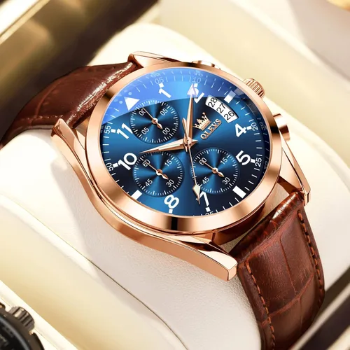 Vista 6 de OLEVS Reloj cronógrafo de cuarzo para hombre correa de cuero dorada con fecha de día reloj de pulsera de acero inoxidable impermeable relojes