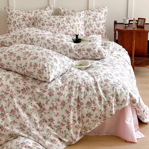 Vista 18 de Juego de funda de edredón blanca con estampado floral azul, juego de ropa de cama de algodón suave estilo bohemio, juego de ropa de cama estética