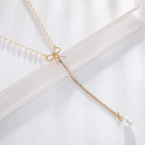 Vista 6 de Collares para mujer, collar de perlas de oro rosa, collar de perlas de moda simple lazo clavícula colgante collares y colgantes (oro, talla única)
