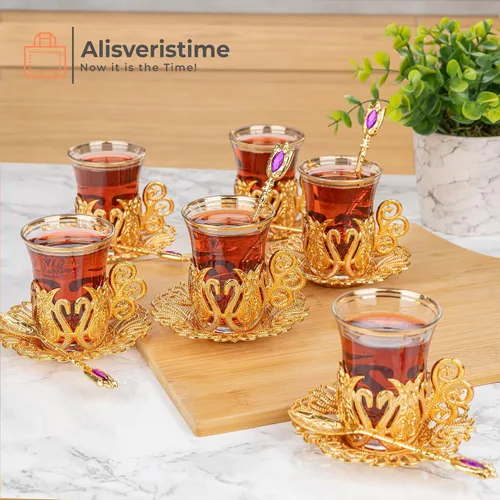Vista 2 de Alisveristime Juego de té turco otomano con 6 tazas de vidrio, 3.4 fl oz Dorado