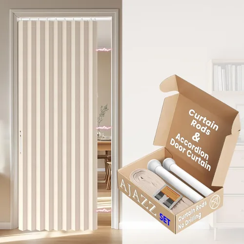 Vista 13 de AJAZZ Conjunto: Barras para cortinas sin perforación (28-39" de ancho) y cortina acordeón para puerta, beige 43" de ancho × 78" de largo, puertas