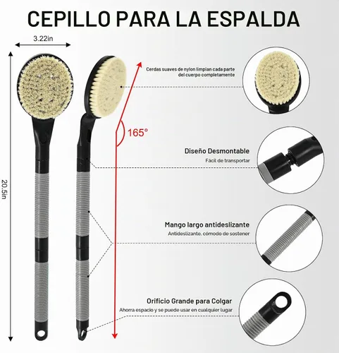 Vista 2 de Depurador de espalda antideslizante para ducha, cepillo de baño desmontable de 21.7 pulgadas para ducha, exfoliante de espalda, exfoliación y salud