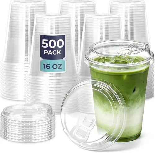 Vista 8 de Fit Meal Prep Paquete de 50 vasos de plástico transparente de 12 onzas con tapas sin pajilla, tazas de café de plástico desechables con tapas, tazas