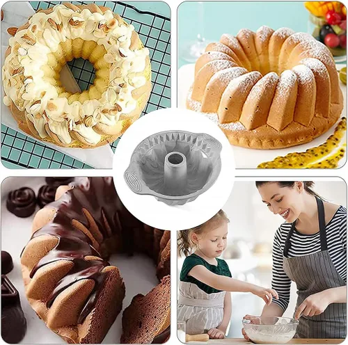 Vista 7 de Occhi d'angelo Molde de silicona para tartas Bundt, antiadherente con mango resistente, moldes de silicona de 9 pulgadas para pasteles Bundt Sartén