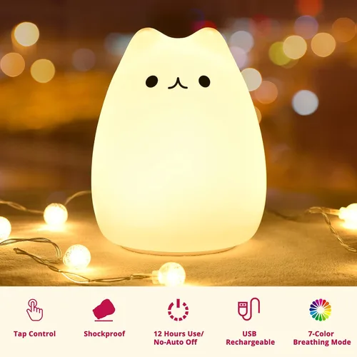 Vista 4 de Lámpara LED de mesilla de noche con forma de gato, multicolor silicona suave para habitación del bebé, control, blanco cálido y 7 modos de luz