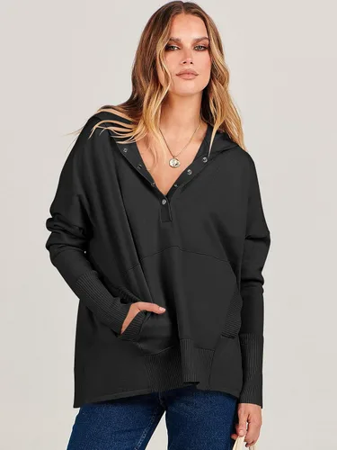 Vista 9 de ANRABESS Sudadera con capucha de gran tamaño para mujer, manga larga, botones, cuello en V, casual, holgada, ropa de otoño