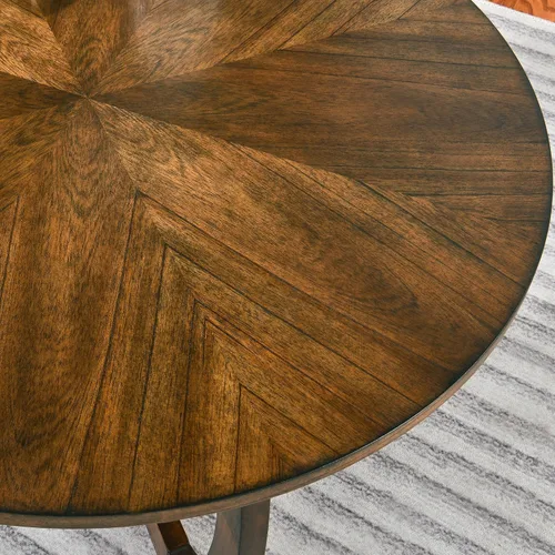 Vista 5 de Mesa auxiliar redonda para sala de estar, mesas de cóctel de madera maciza con parte superior empalmada, mesa central tradicional de madera
