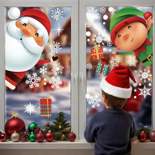Vista 8 de 146 calcomanías navideñas de copo de nieve para ventanas, adhesivos de ventana de Navidad, calcomanías de Navidad de doble cara, Papá Noel, elfo